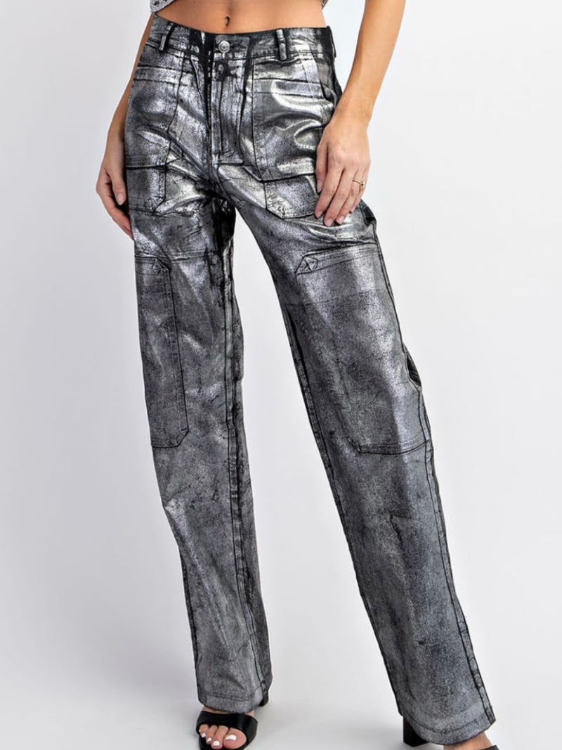 Black Foil Straight Leg Denim Pamts