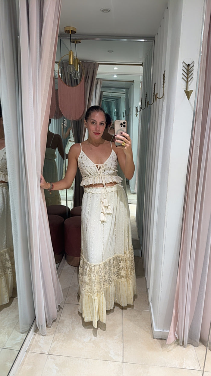 Ivory Embroidered Boho Maxi Skirt Set