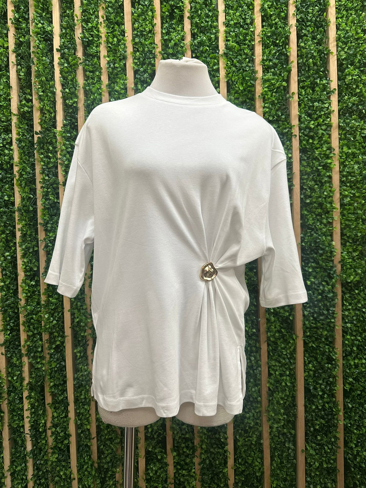 White Brooch Detail Oversized Long Shirt