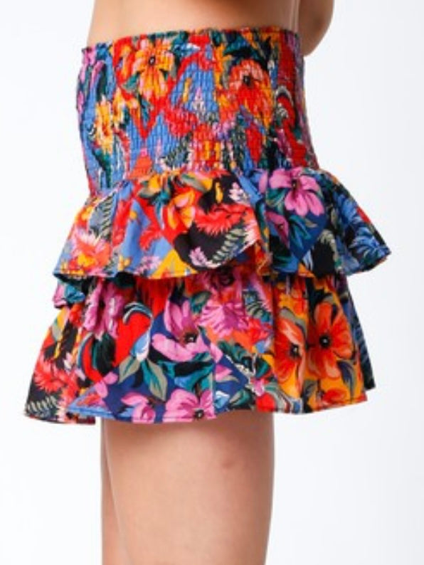 Floral Smocked Waist Ruffle Short Skirt