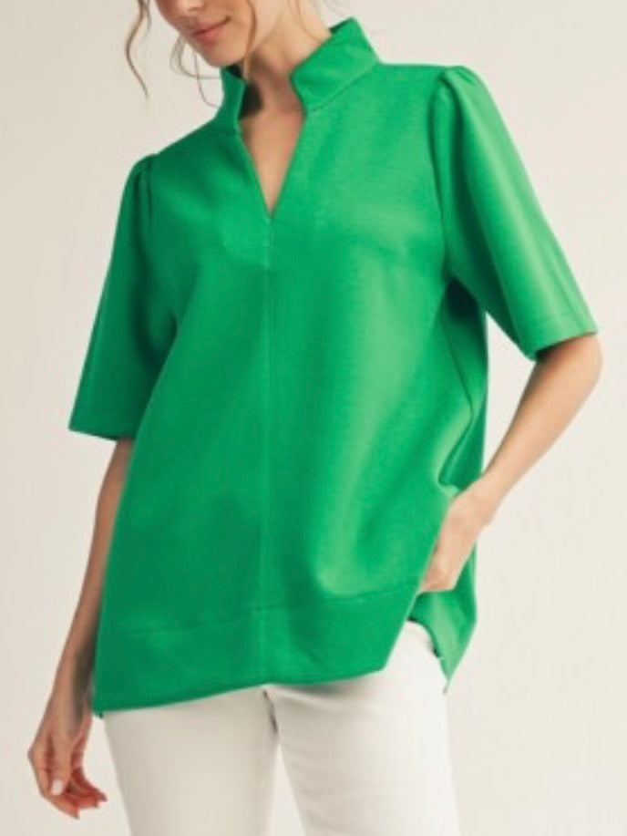 Green Standing Collar Mid Sleeve Blouse