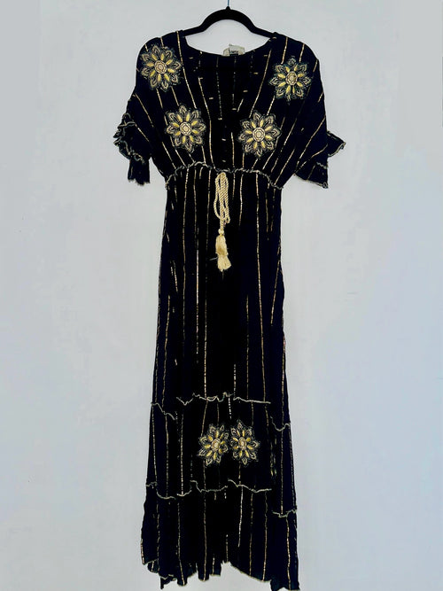 Black Gold Flower Embroidered Kimono Maxi Dress