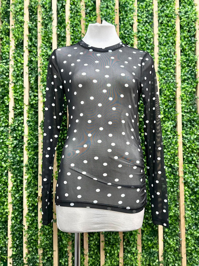 Long Sleeve Mesh Polka Dot Top