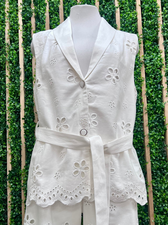 Elegant White Eyelet Long Vest