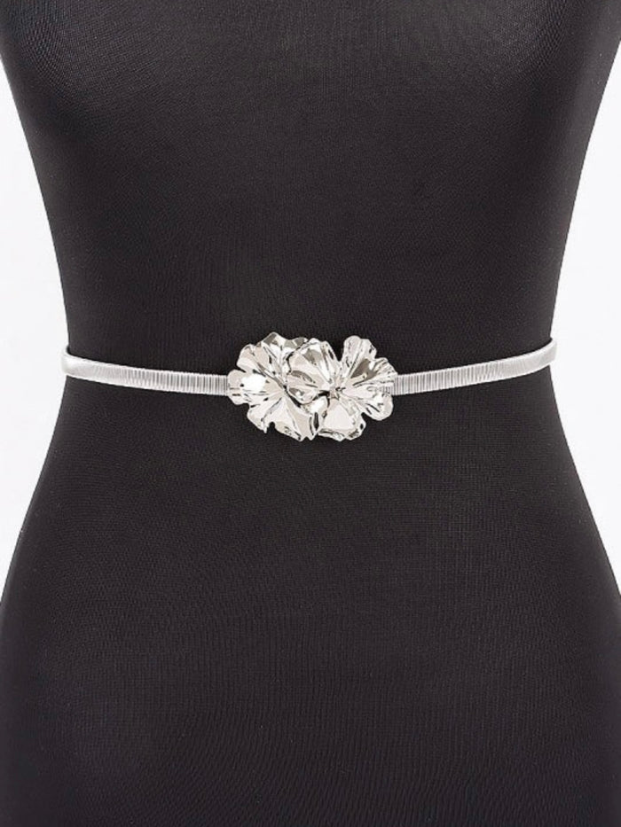 Double Textured Flower Buckle Metal Stretch belt