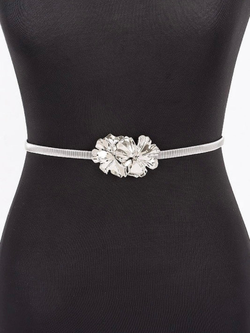 Double Textured Flower Buckle Metal Stretch belt