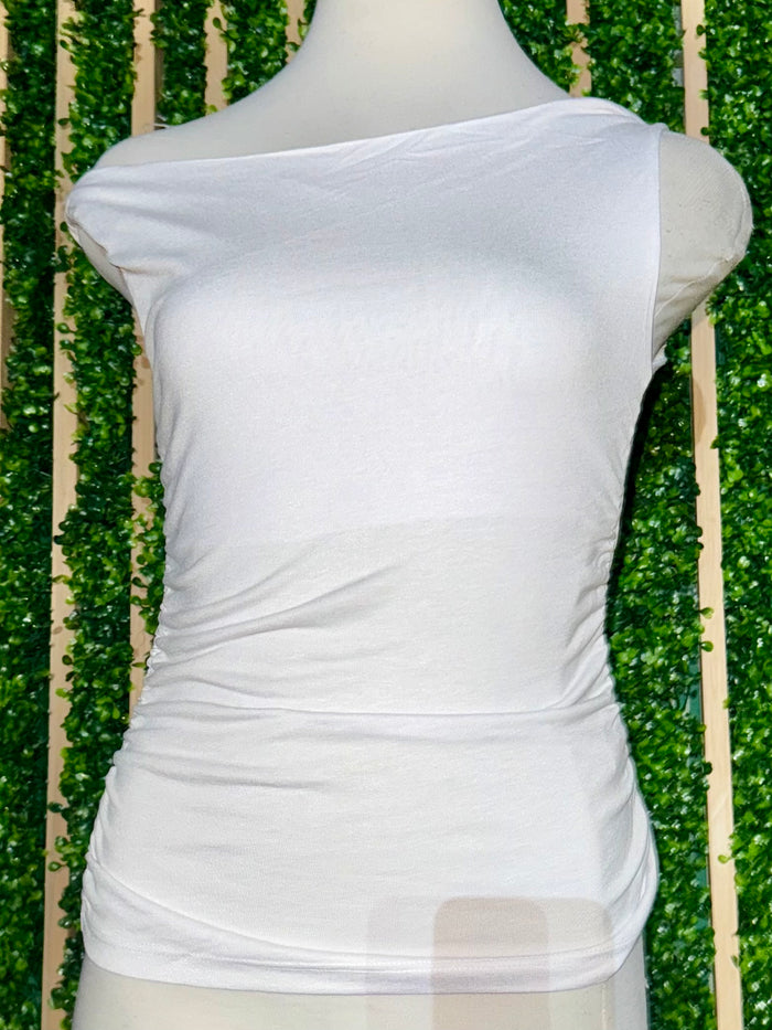 White Ruched Off Shoulder Fitted Top