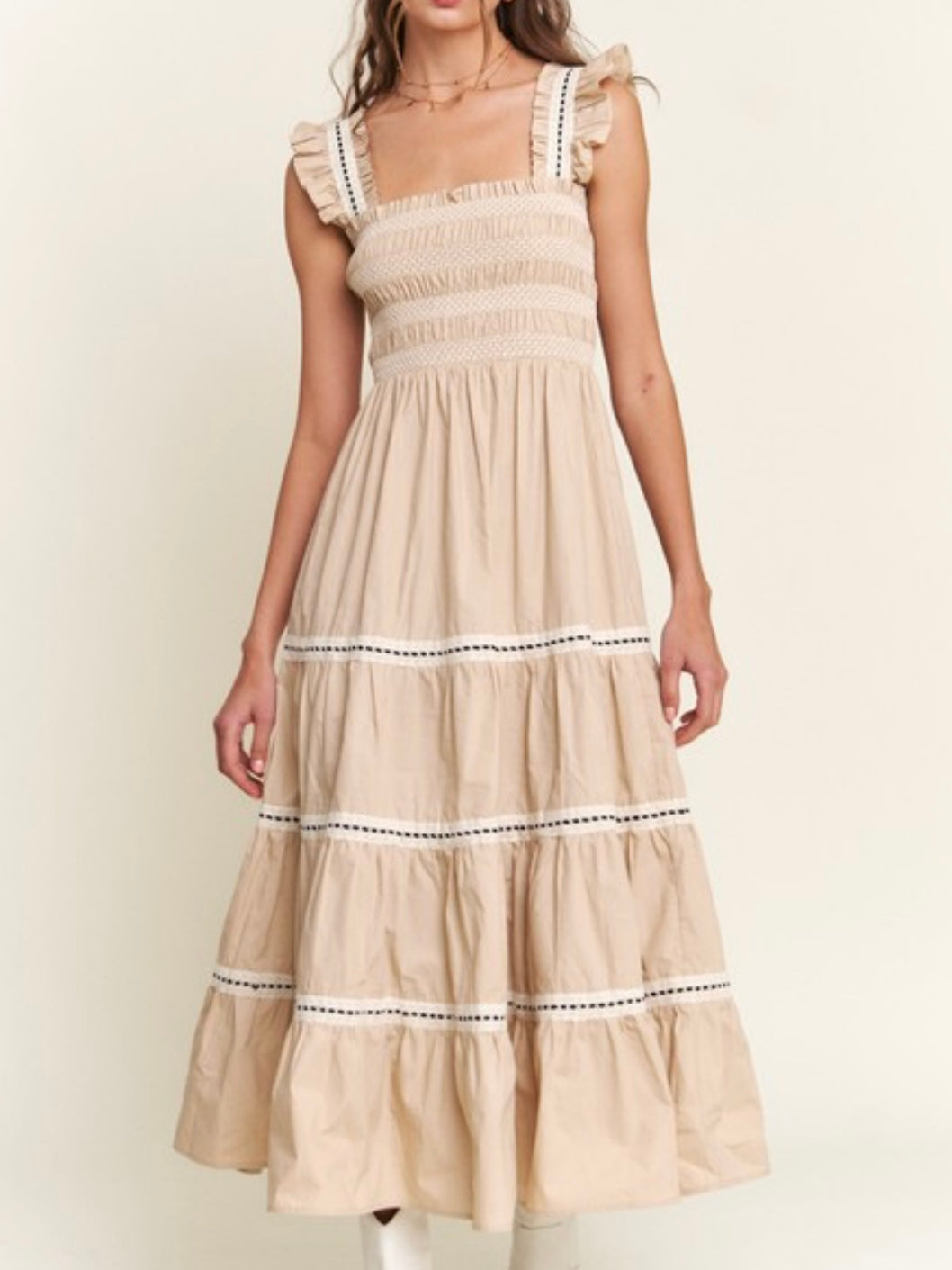 Beautiful Khaki Ivory Tiered Maxi Dress