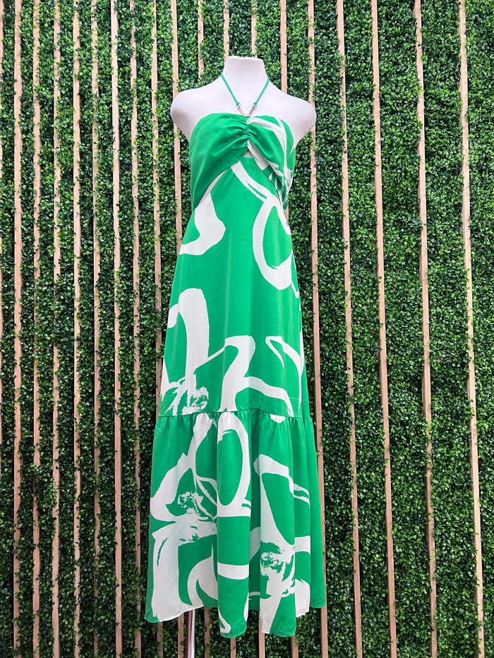 Green Metal Trim Halter Maxi Dress