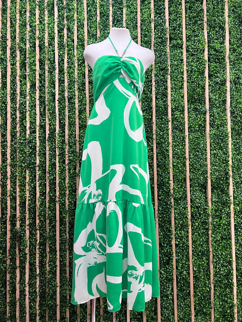 Green Metal Trim Halter Maxi Dress