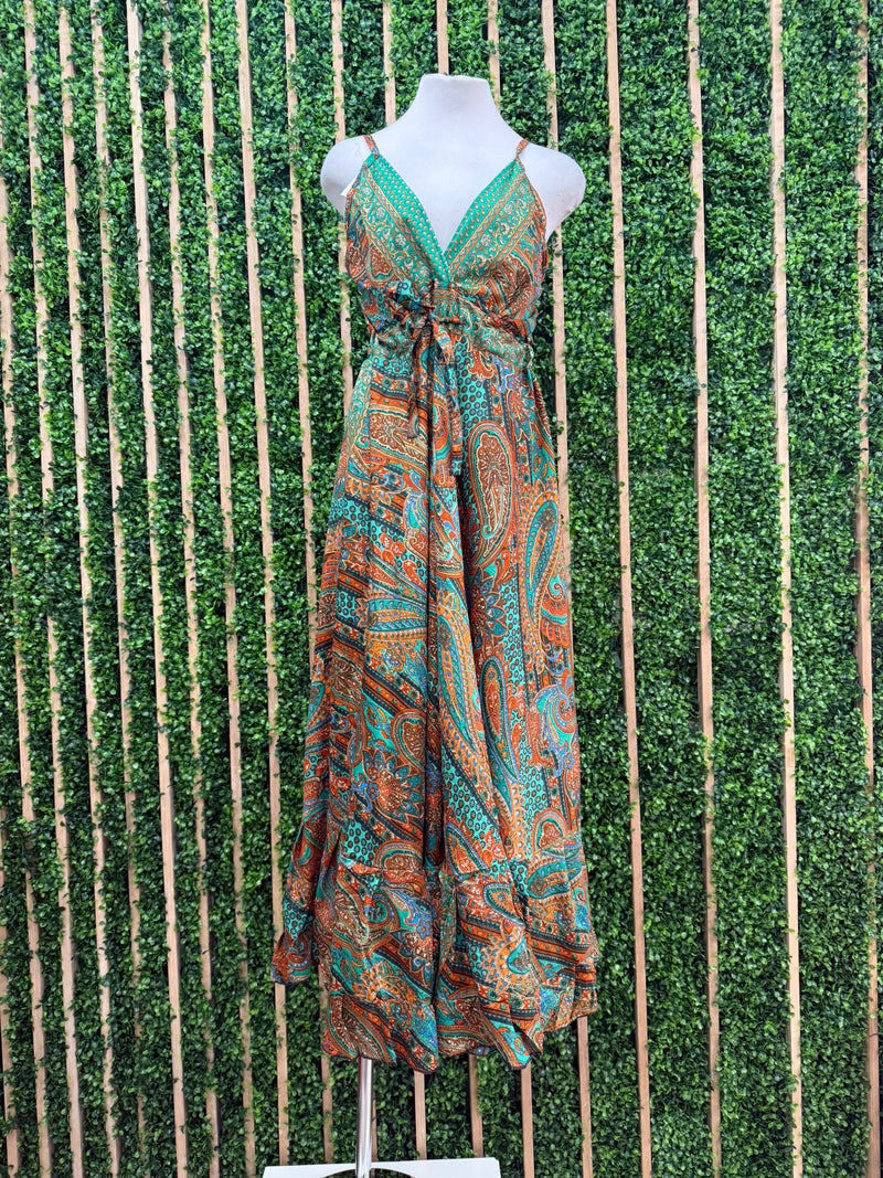 Paisley Bottom Ruffled Halter Waist Tie Maxi Dress