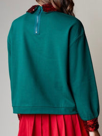 Green Sequin Neckline Collared Blouse Top