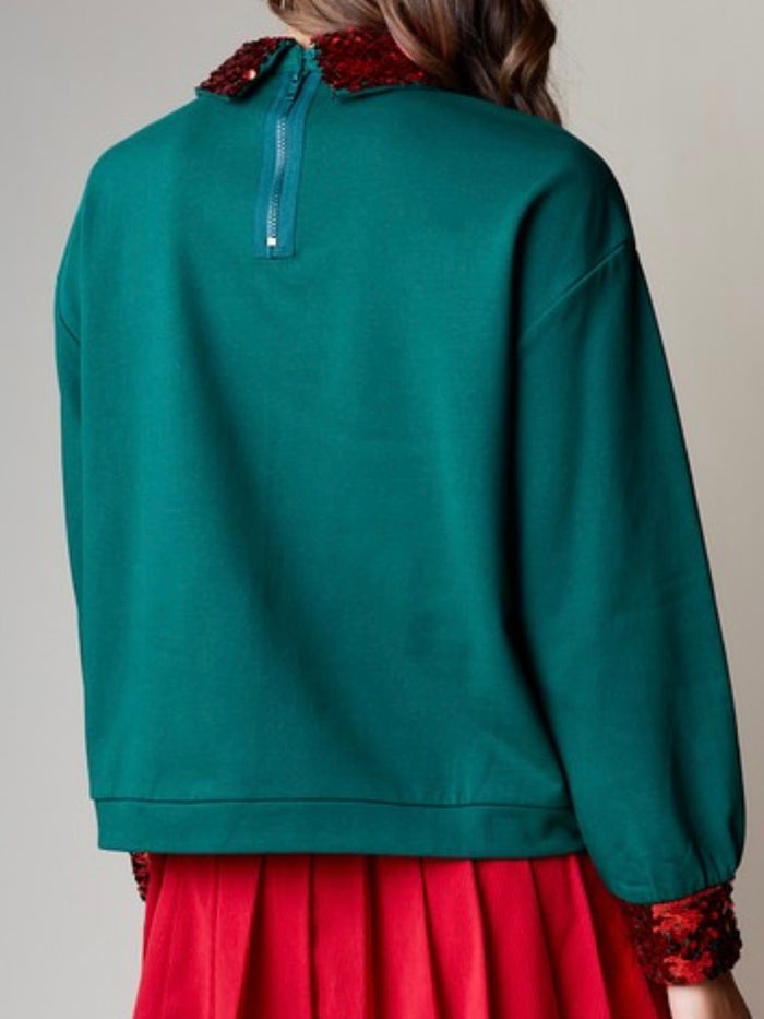 Green Sequin Neckline Collared Blouse Top