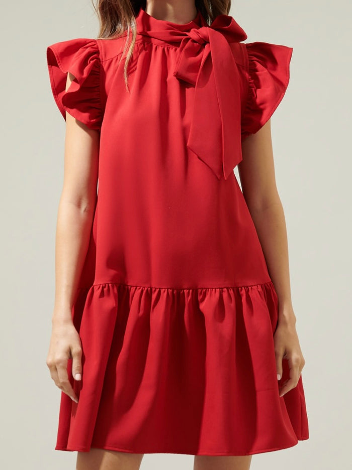 Red Neck Tie Ruffle Short Dress