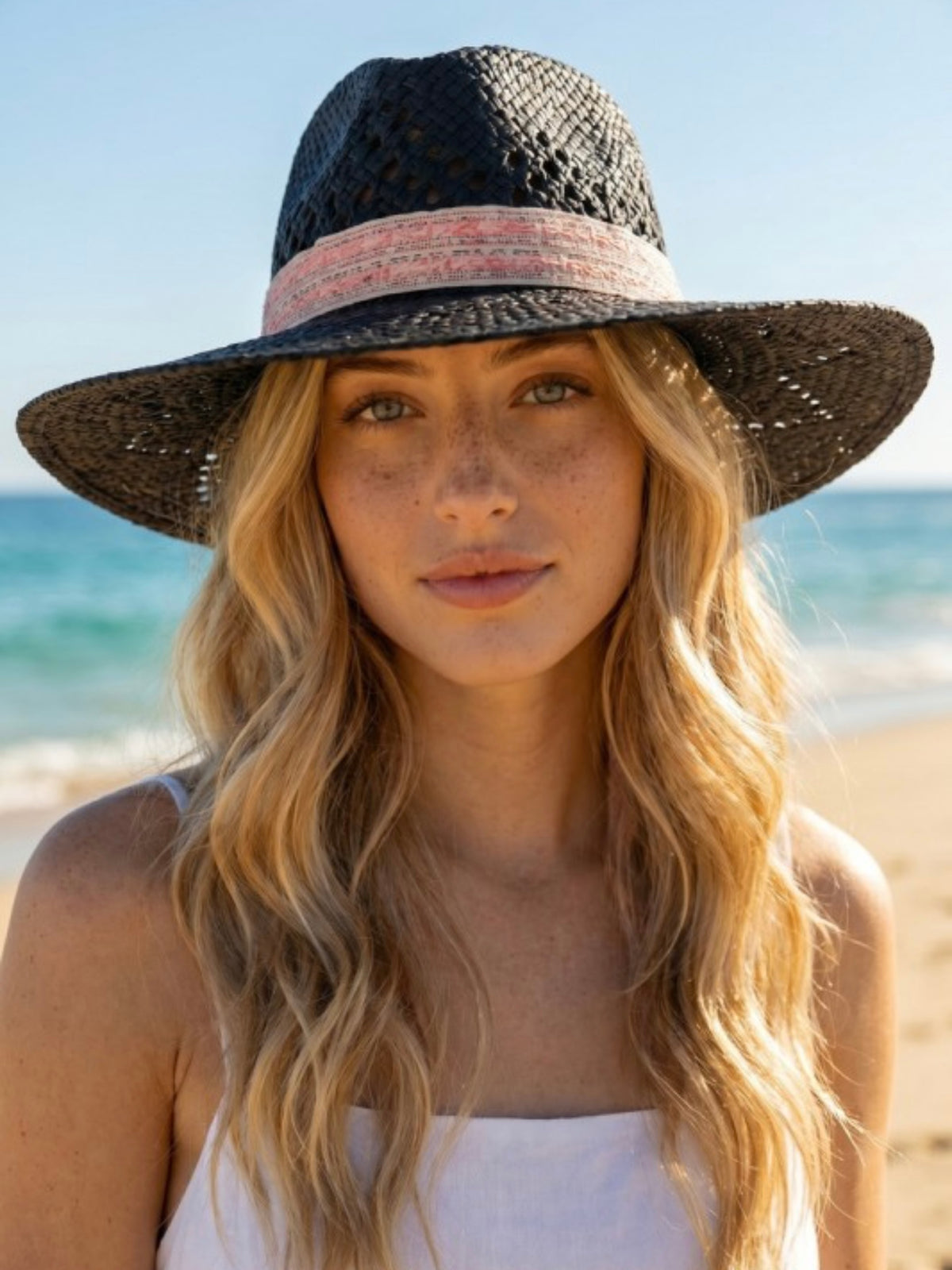 Black Woven Beach Hat with Pink Band