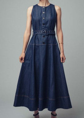 Dark Denim Sleeveless Belted Denim Dress