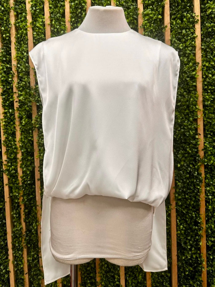 Beautiful Satin White Cap Sleeve Hi Lo Blouse