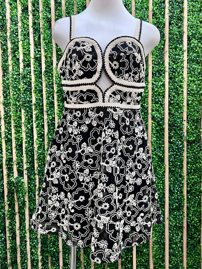 Beautiful Black Natural Embroidered Cutout Short Dress