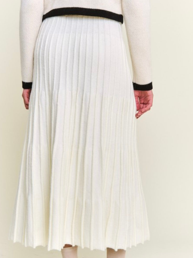 White Pleated Knit Midi Skirt