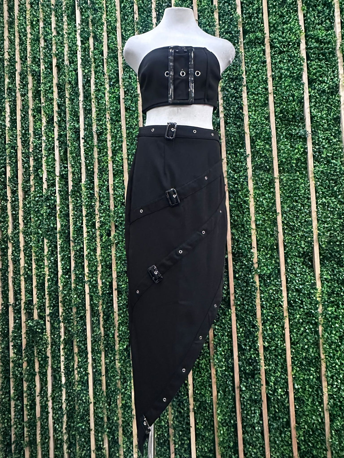 Black Buckle Trim Skirt Set