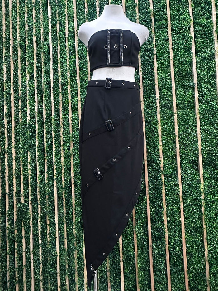 Black Buckle Trim Skirt Set