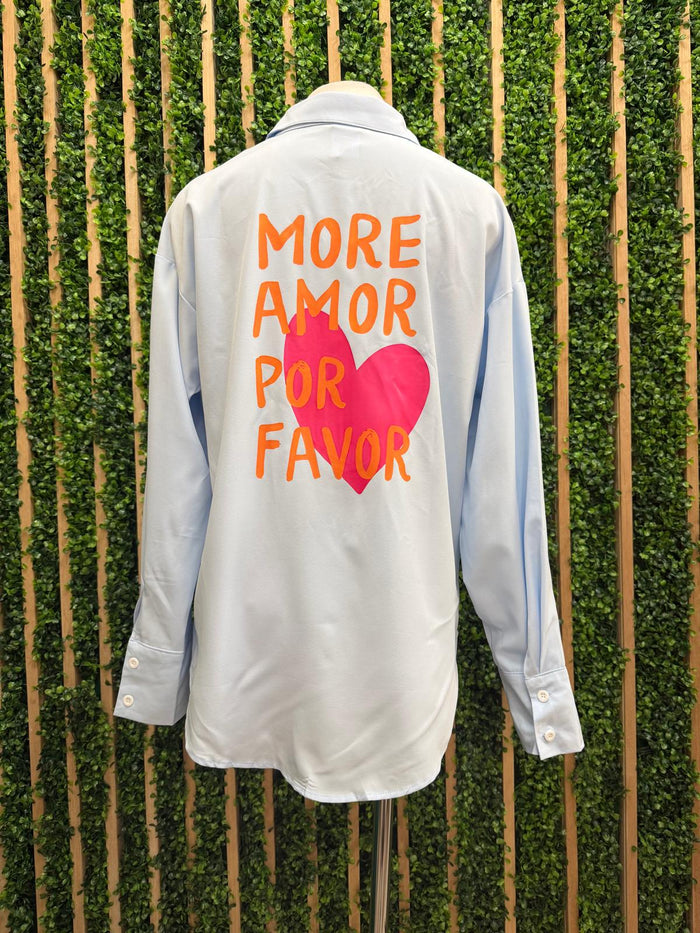 More Amor Por Favor Oversized Button-Down Shirt – Black & Blue