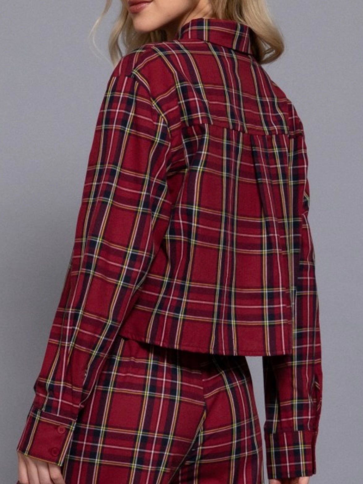 Red Plaid Cropped Button-Up Shirt