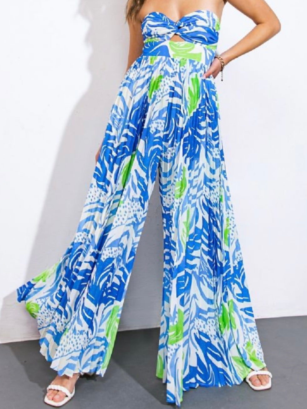 Blue Green Tropical Strapless Cutout Jumpsuit