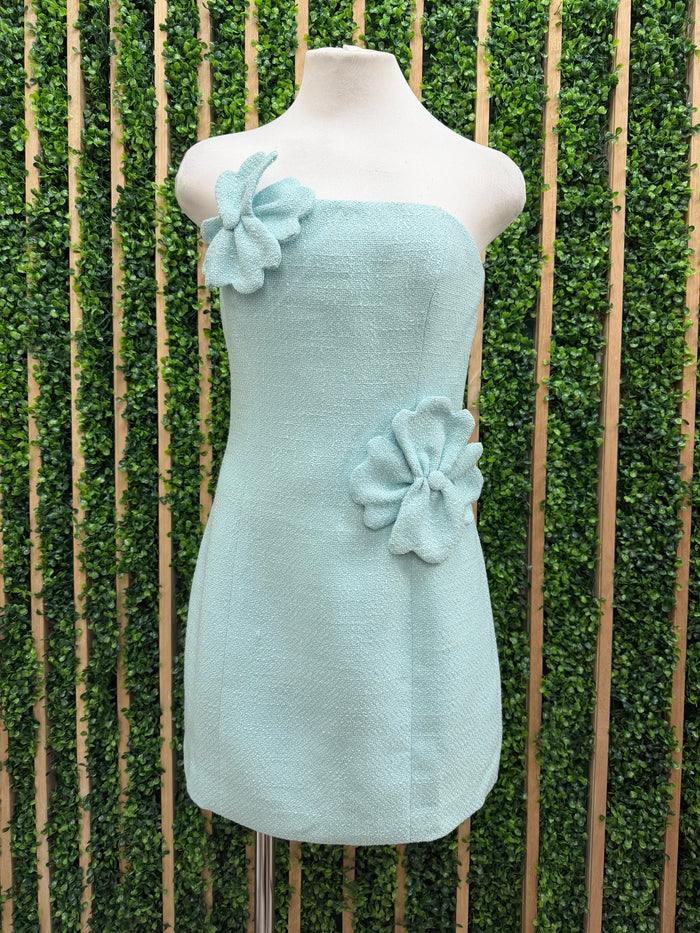 Beautiful Aqua Flower Detail Strapless Short Dress