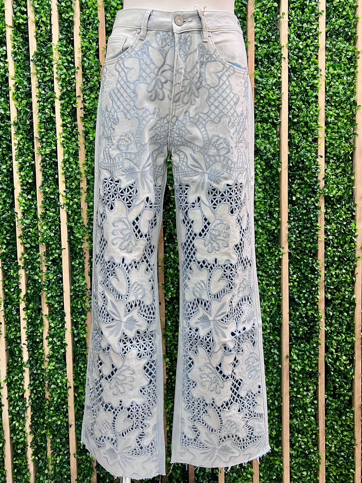 Blue Floral Lace Legs Wide Leg Denim Pant