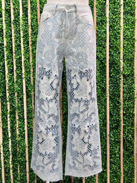 Blue Floral Lace Legs Wide Leg Denim Pant