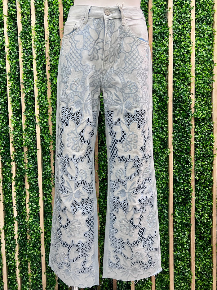 Blue Floral Lace Legs Wide Leg Denim Pant