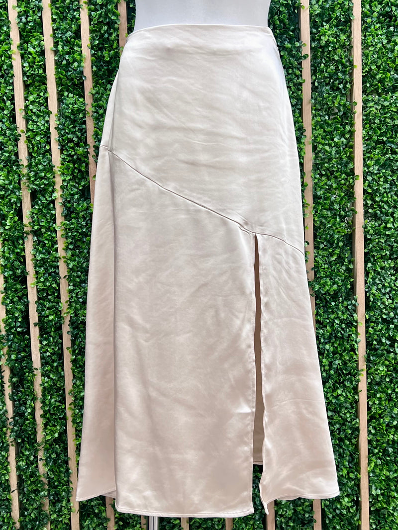 Champagne Side Slit Satin Midi Skirt