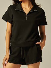 Black Zipper High Neck Modal Short Pant Set