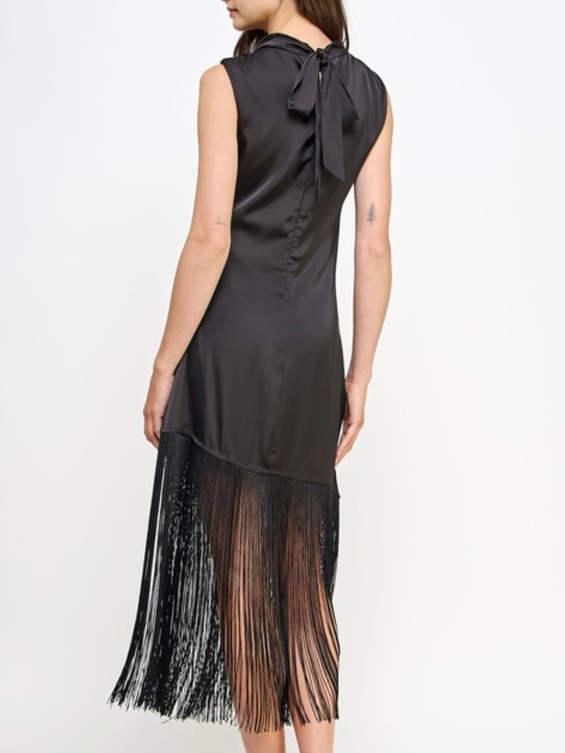 Black Cowl Neck Fringe Midi Dress