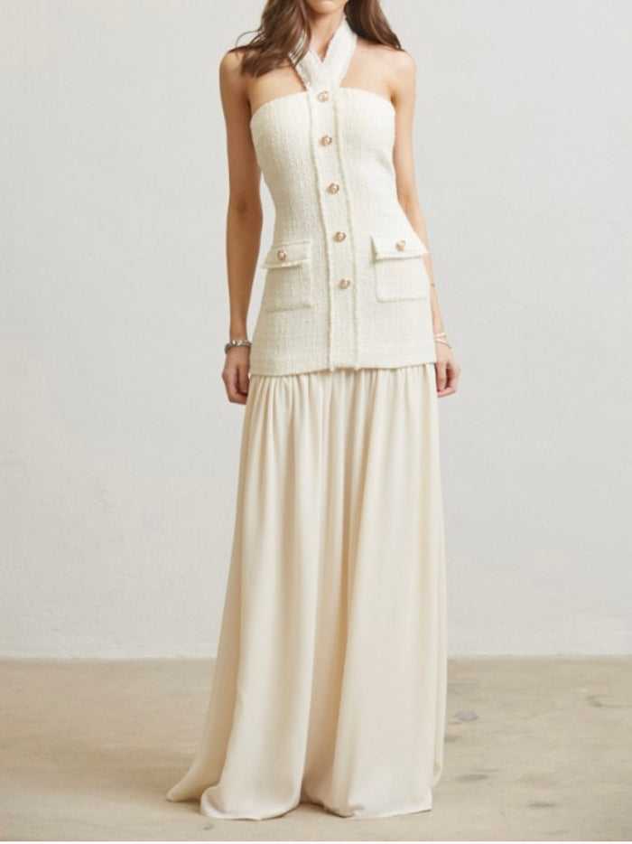 Exquisite Cream Tweed Halter Contrast Fitted Maxi Dress