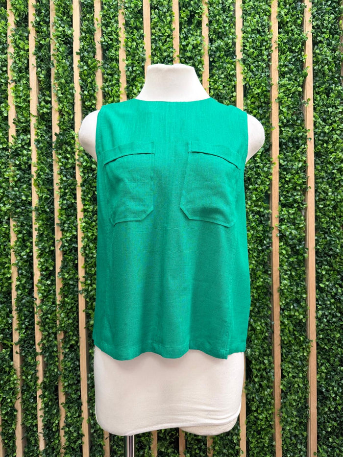 Linen Blend Sleeveless Pocket Top