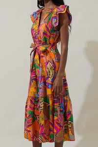 Orange Pink Multi Floral Midi Dress