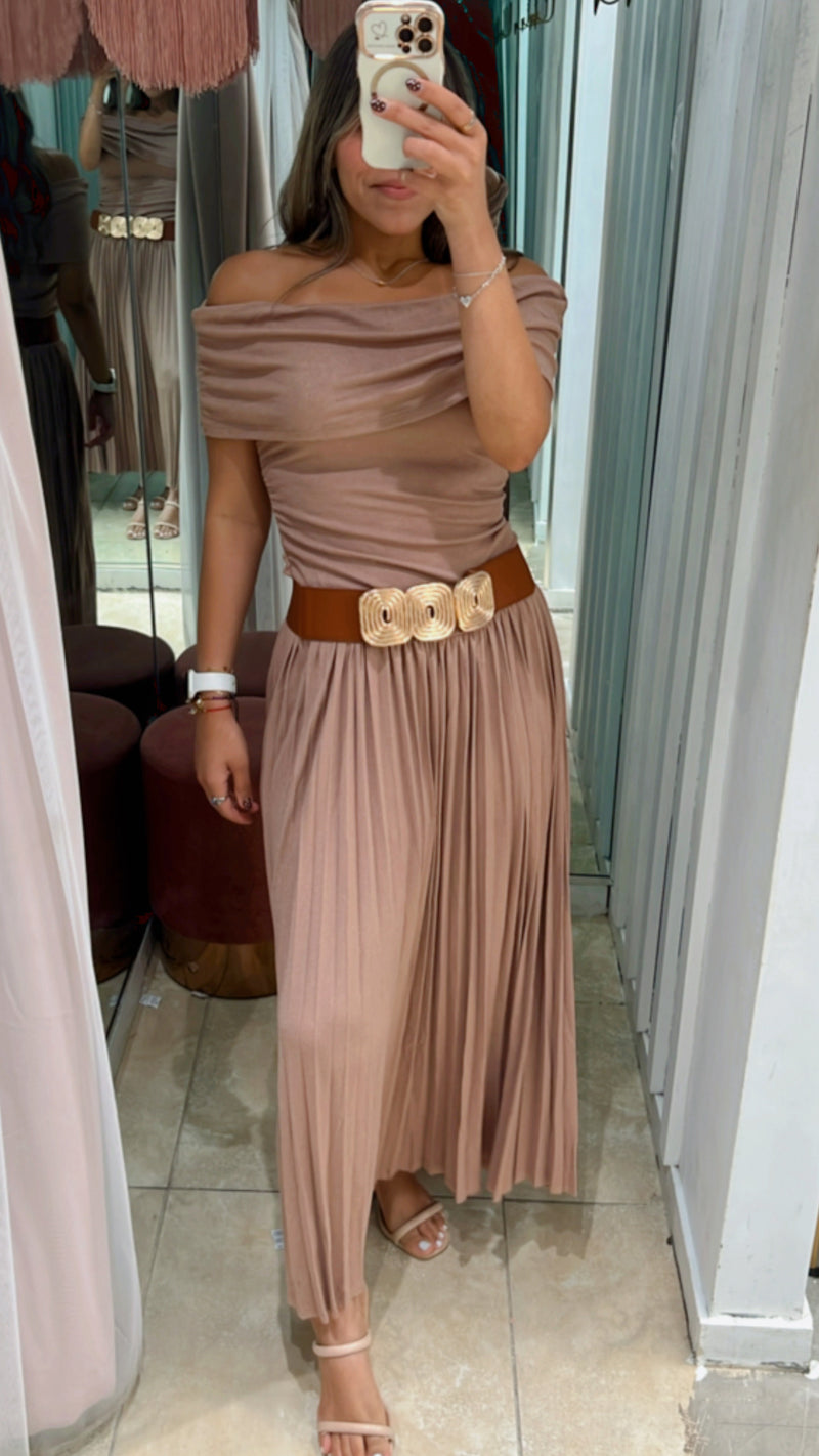 Beautiful Mocha Off Shoulder Pleated Maxi Dress