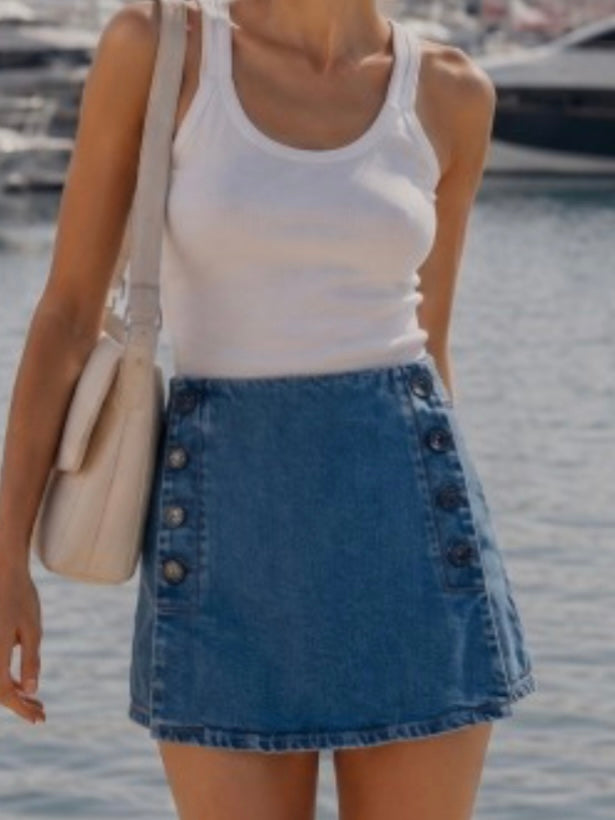 Button Detail Dark Denim Skort