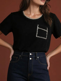 Whipstitch Satin Short Sleeve Blouse