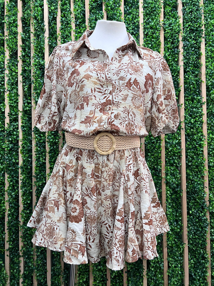 Beige Floral Button Down Short Sleeve Romper