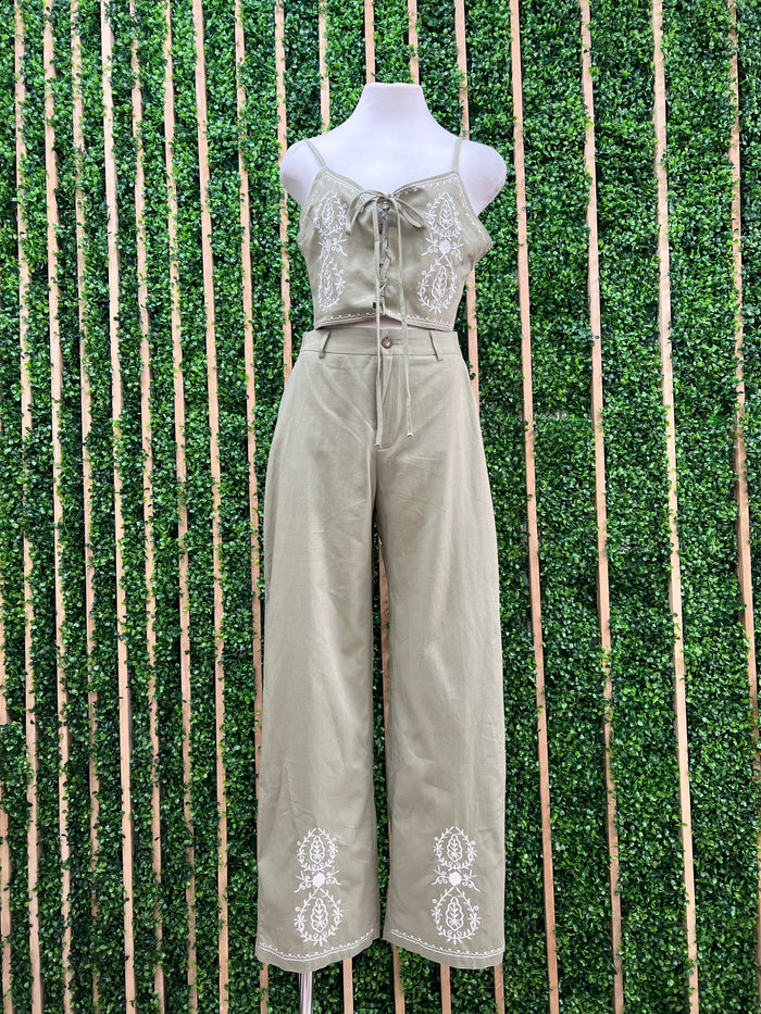 Olive Embroidered Lace Up Top