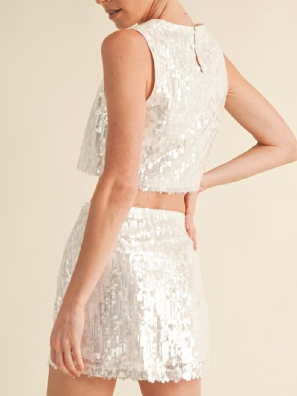 White Sequin Beaded Short Skirt