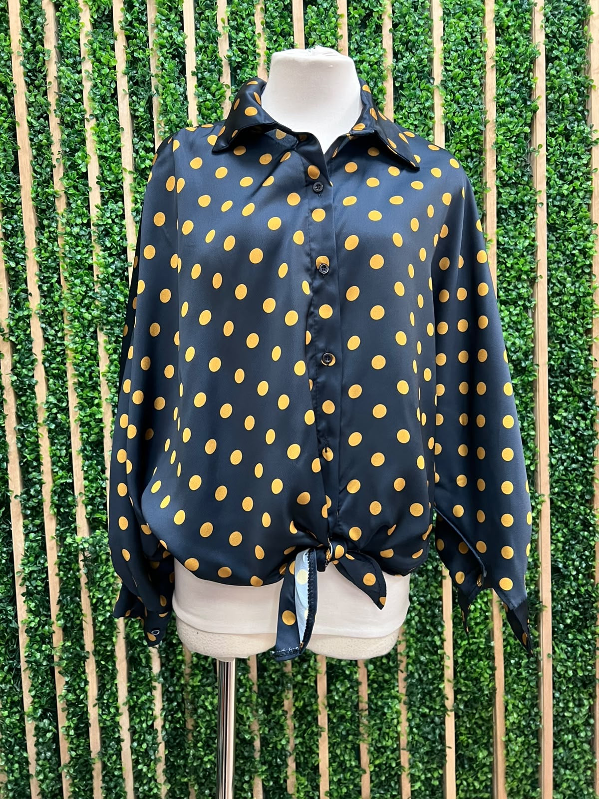 Navy Polka Dot Tie-Front Blouse