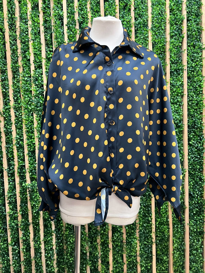 Navy Polka Dot Tie-Front Blouse