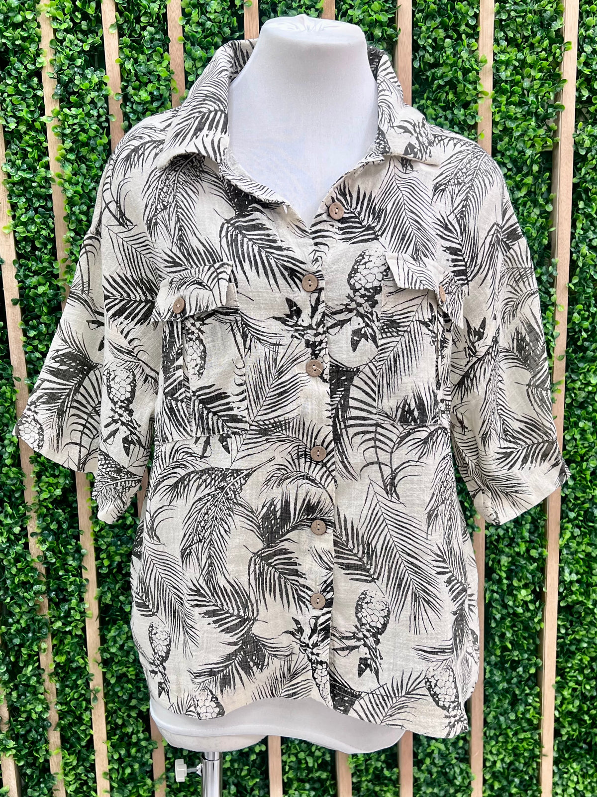 Beige Black Tropical Print Blouse