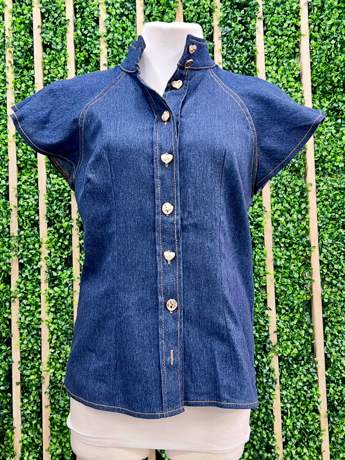 Elegant High Neck Denim Blouse