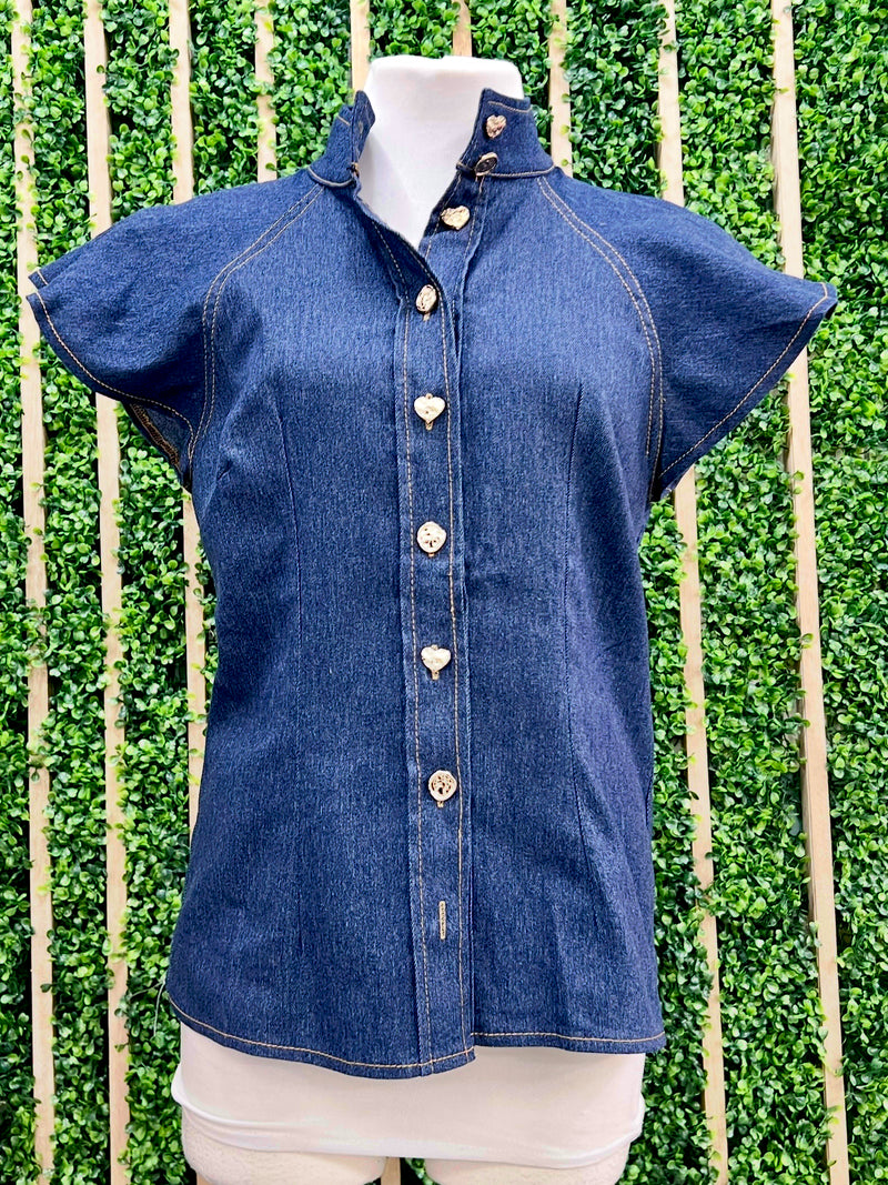 Elegant High Neck Denim Blouse