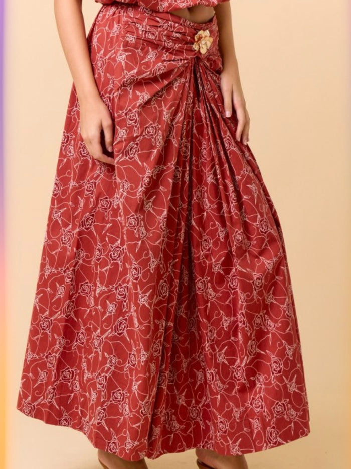 Terracotta Floral Gold floral Detail Midi Skirt